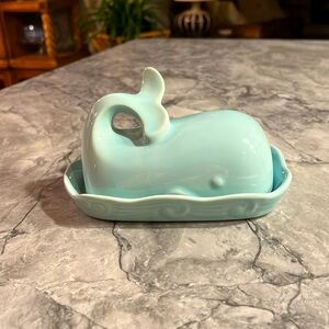 Powder blue Whale Shaped Stoneware Butter Dish. Whimsical and functional!